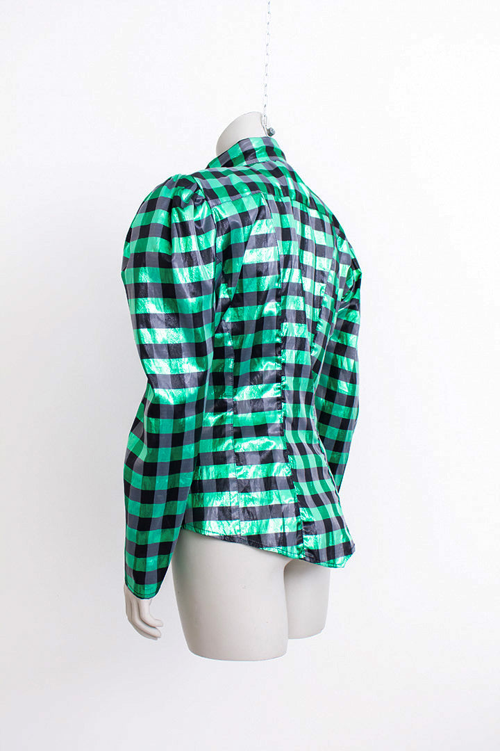 Eighties blouse groen en zwart geblokt met pofmouwen en opstaand kraagje