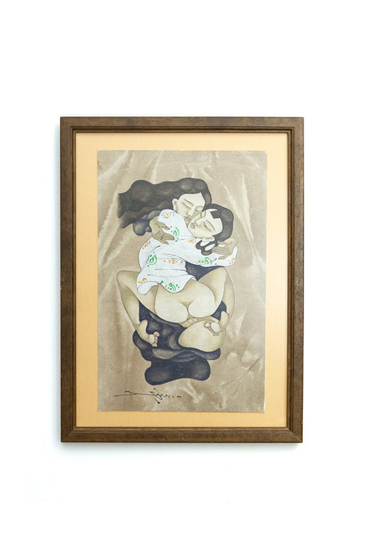 Erotische Japanse Shunga print in vintage houten lijst