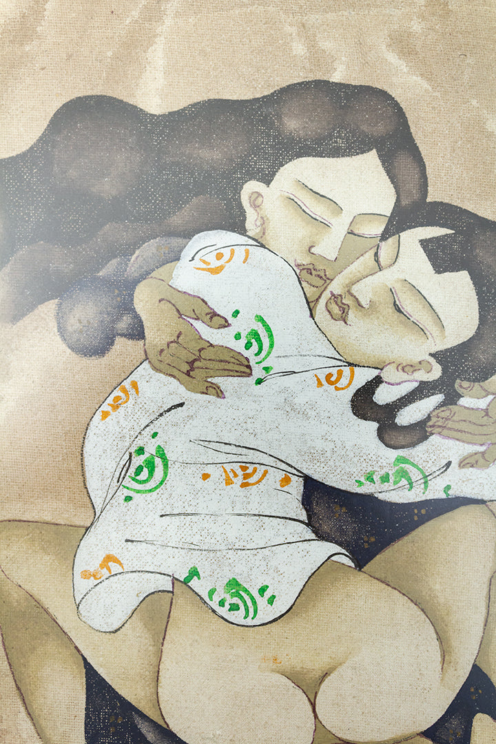 Erotische Japanse Shunga print in vintage houten lijst