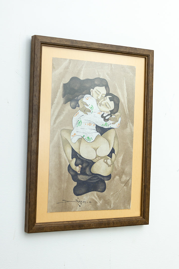 Erotische Japanse Shunga print in vintage houten lijst