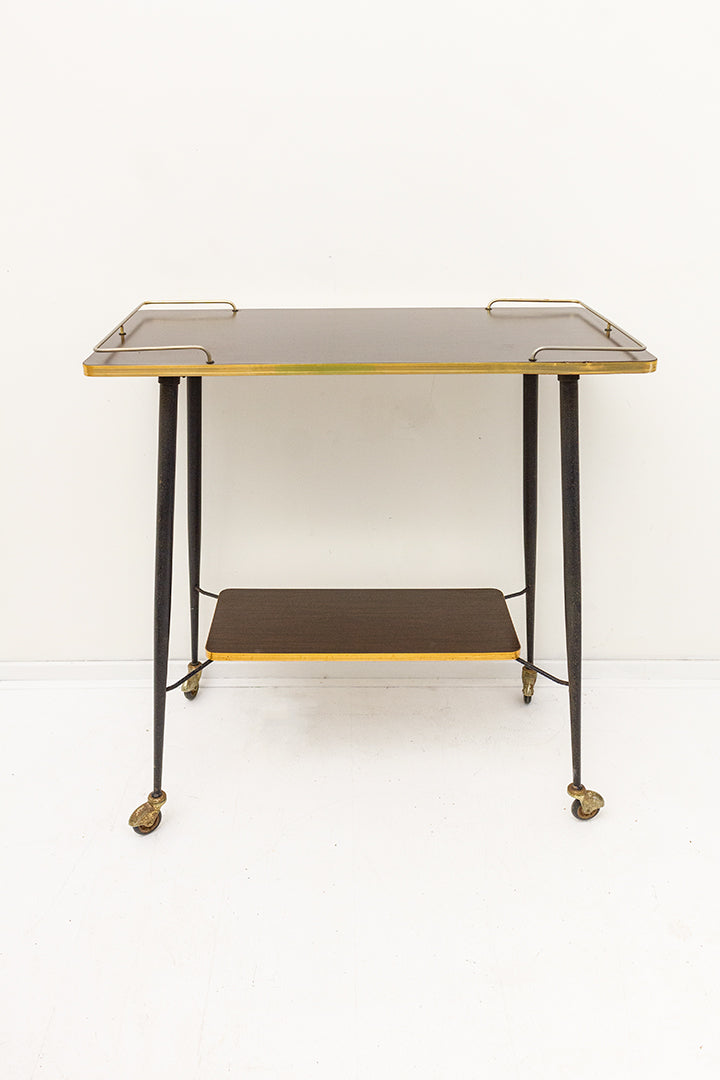 Franse bijzettafel/serveerwagen metalen frame met houtfineer en messing details