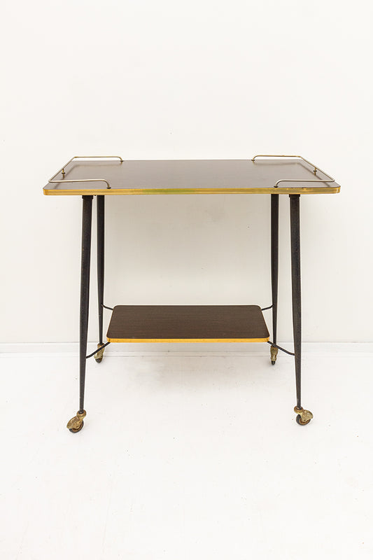 Franse bijzettafel/serveerwagen metalen frame met houtfineer en messing details