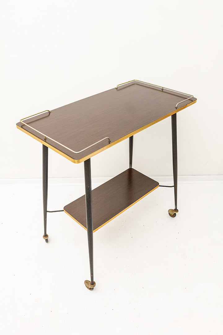 Franse bijzettafel/serveerwagen metalen frame met houtfineer en messing details