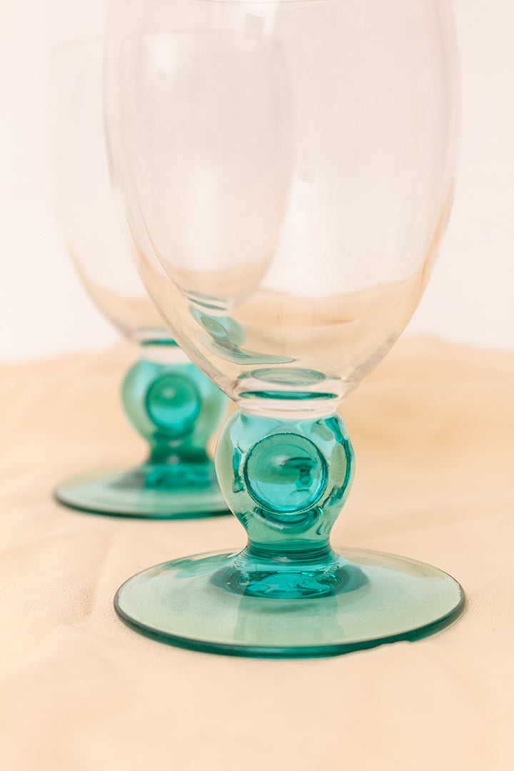 Franse wijnglazen met turkooizen voet vintage - set van 7