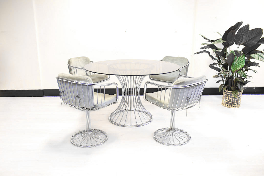 Draadstalen eettafel + stoelen in Gastone Rinaldi stijl chrome