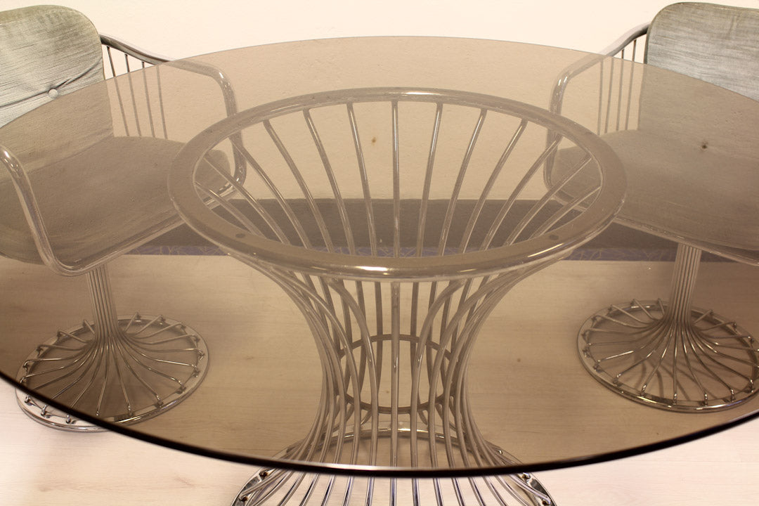 Draadstalen eettafel + stoelen in Gastone Rinaldi stijl chrome
