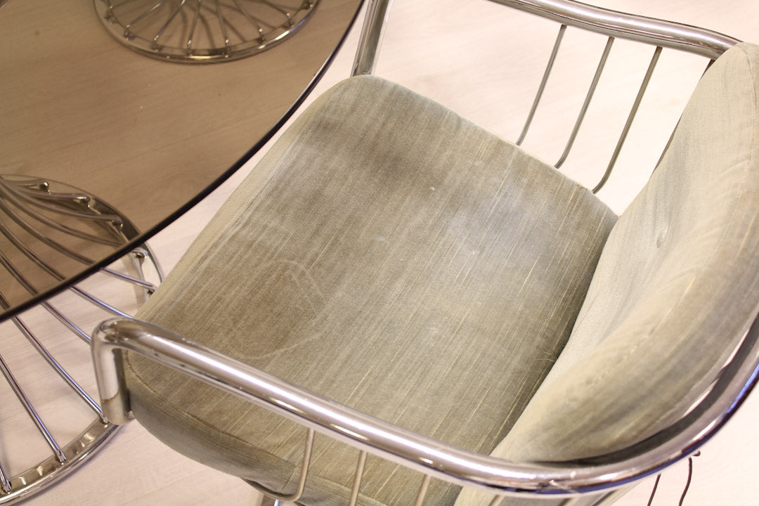 Draadstalen eettafel + stoelen in Gastone Rinaldi stijl chrome