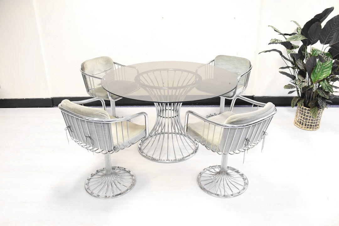 Draadstalen eettafel + stoelen in Gastone Rinaldi stijl chrome