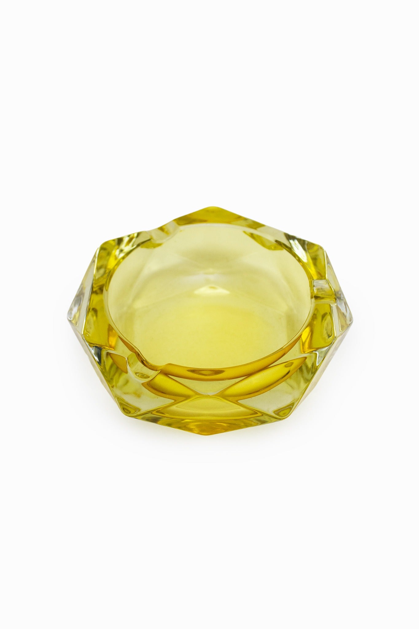 Gele vintage glazen hexagon asbak
