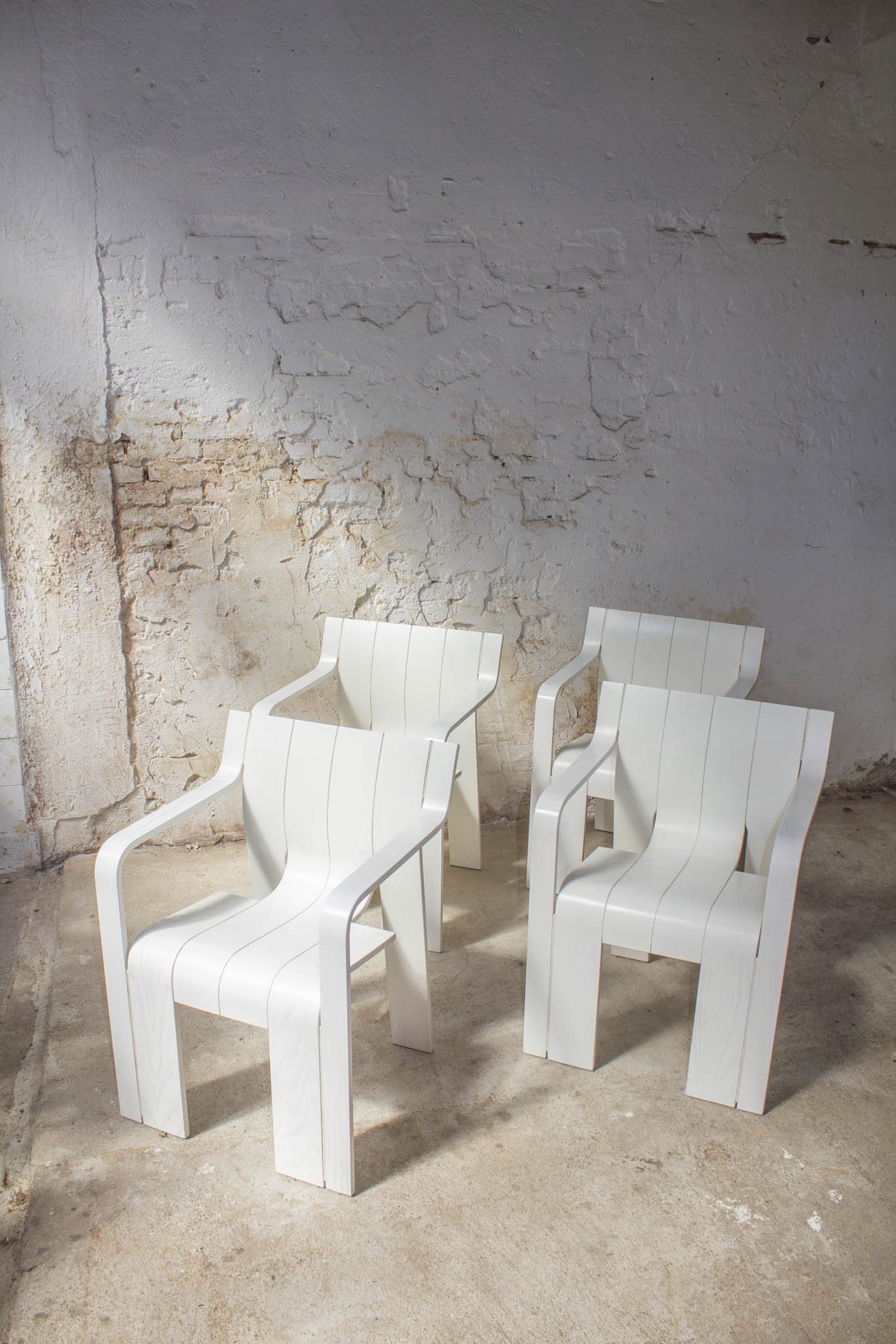 Set van 4 jaren 70 witte Gijs Bakker voor Castelijn strip stoelen met armleuningen