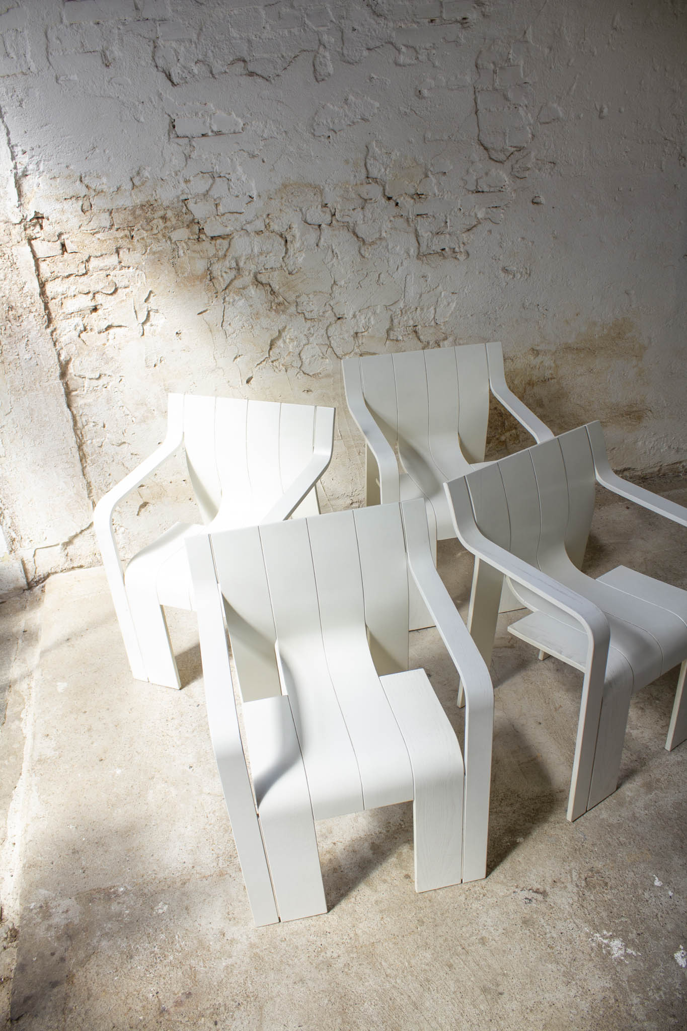 Set van 4 jaren 70 witte Gijs Bakker voor Castelijn strip stoelen met armleuningen