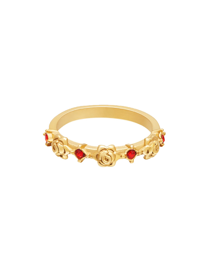 Goudkleurige ring met rozen en rode glassteentjes