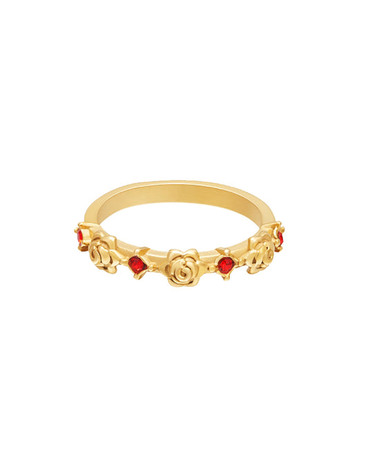 Goudkleurige ring met rozen en rode glassteentjes