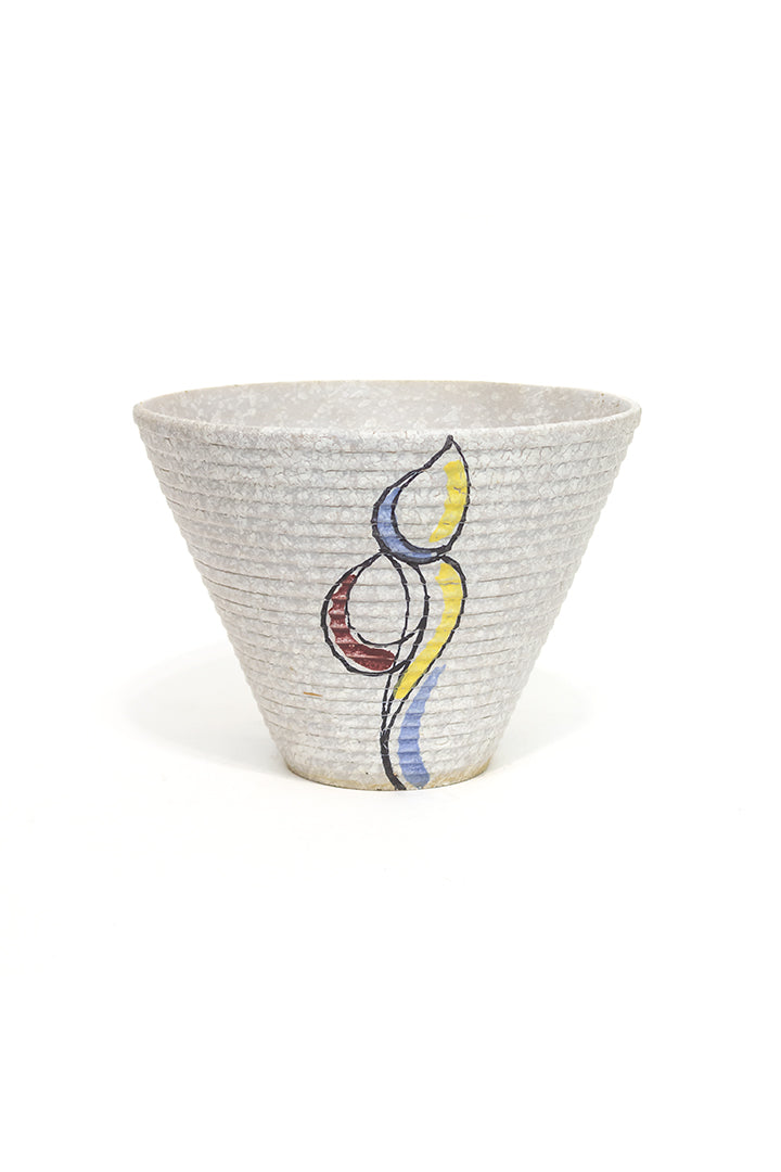 Grijze jaren 50 bloempot met decoratieve beschildering