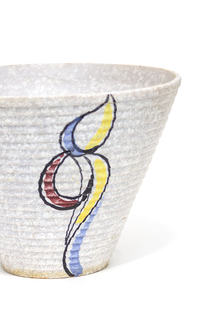 Grijze jaren 50 bloempot met decoratieve beschildering