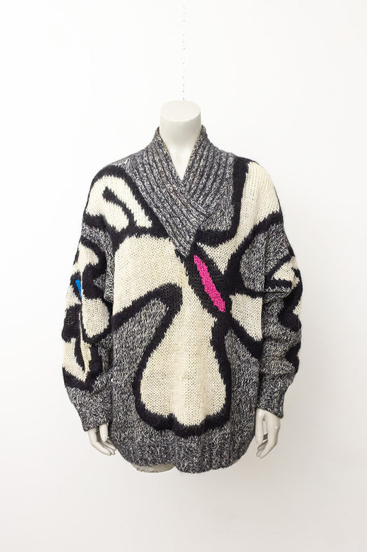 Grijze jaren 80 wollen trui mohair met gekleurde vlakken Thierry Mugler