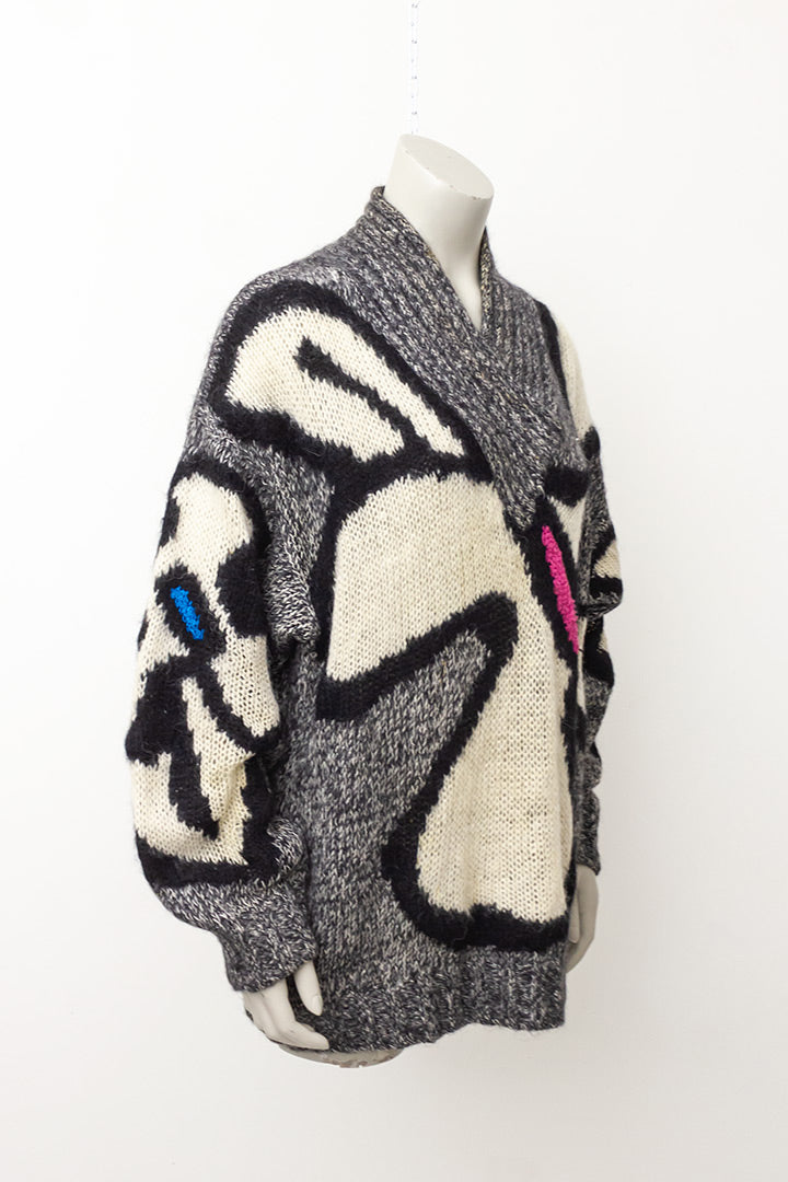Grijze jaren 80 wollen trui mohair met gekleurde vlakken Thierry Mugler