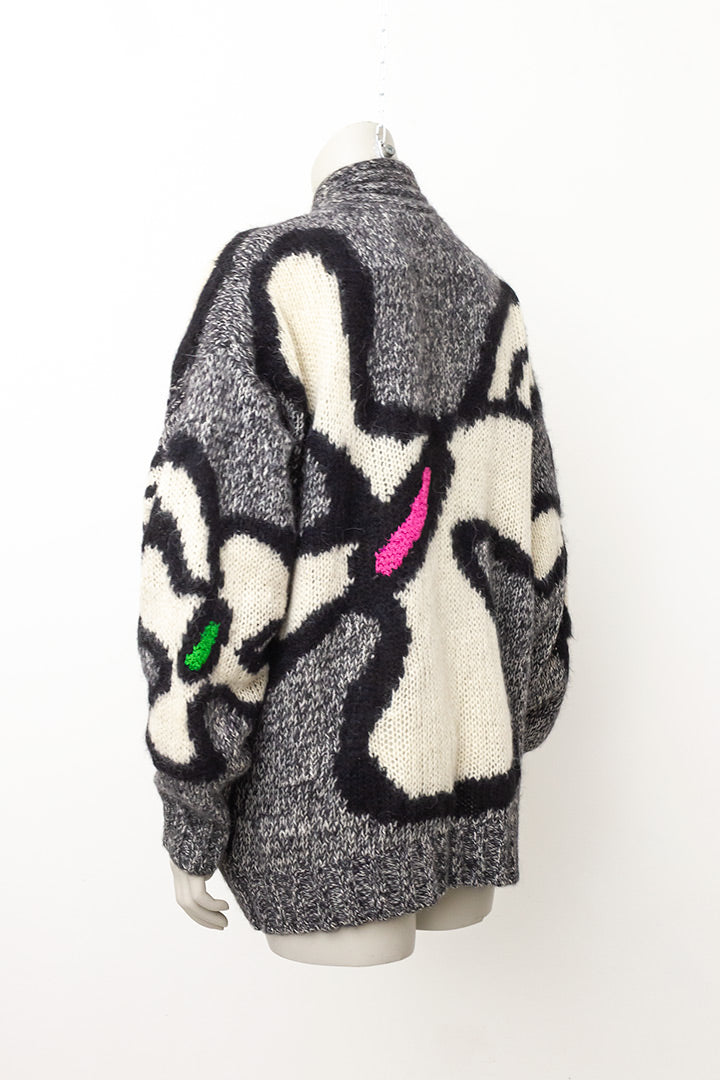 Grijze jaren 80 wollen trui mohair met gekleurde vlakken Thierry Mugler