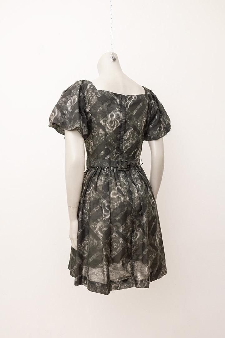 Grijze vintage jurk met pofmouwtjes en ceintuur Jonathan Logan
