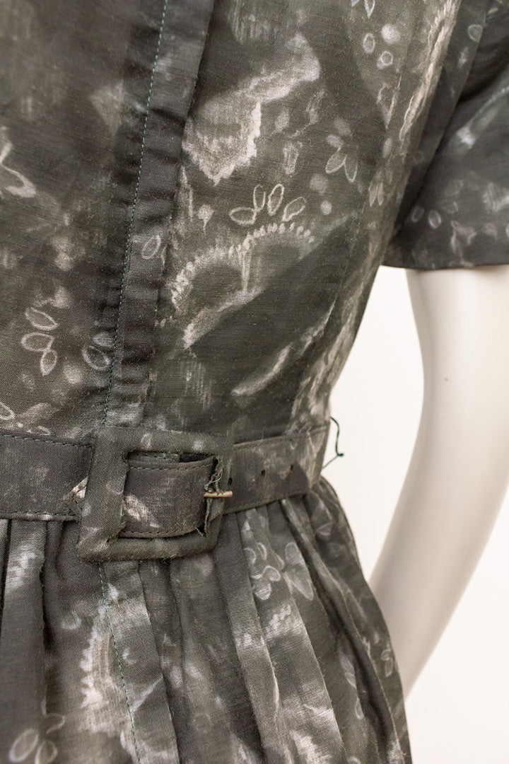 Grijze vintage jurk met pofmouwtjes en ceintuur Jonathan Logan