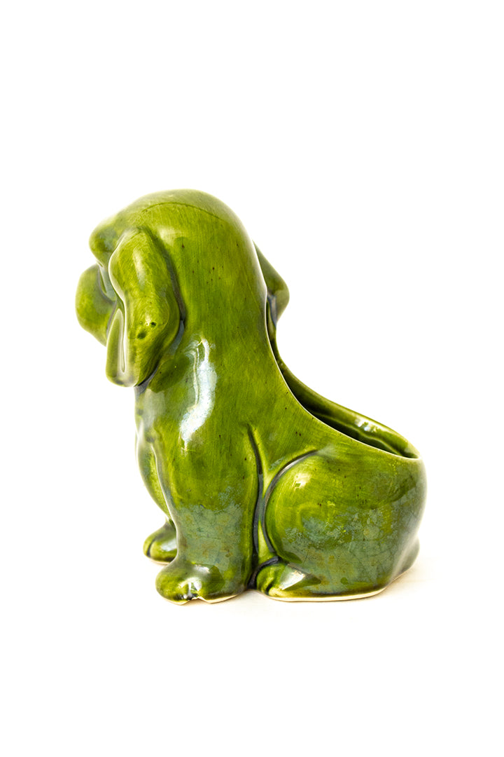 Groen keramieken bloempotje hond