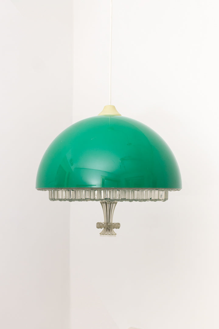 Groene vintage hanglamp met kunststof kap en glas-look onderzijde