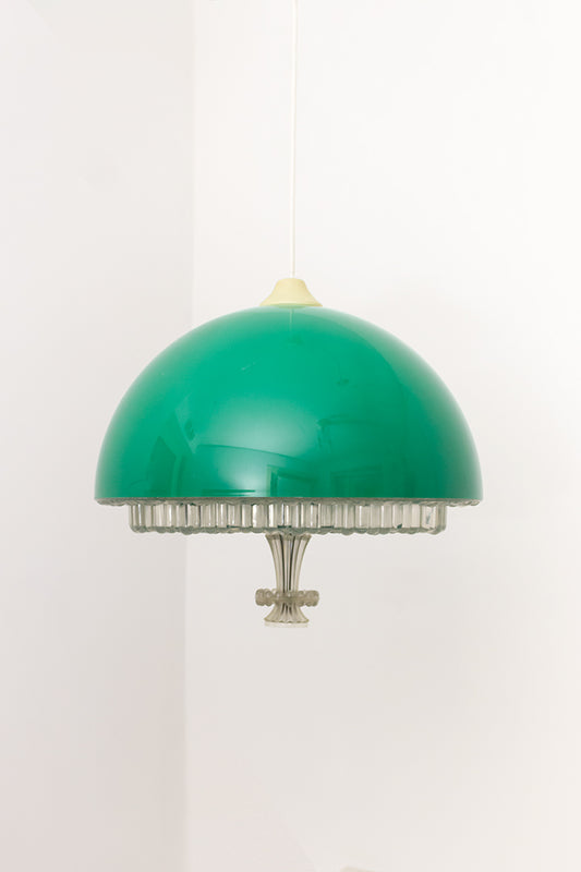 Groene vintage hanglamp met kunststof kap en glas-look onderzijde
