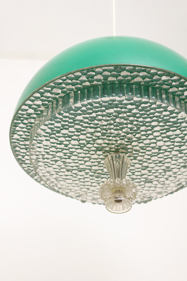 Groene vintage hanglamp met kunststof kap en glas-look onderzijde