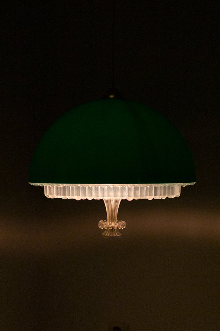 Groene vintage hanglamp met kunststof kap en glas-look onderzijde