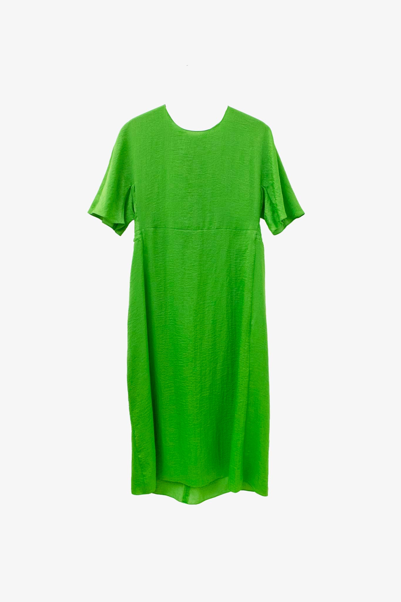 Groene licht glanzende Sies Marjan jurk met aangeknipte mouwtjes