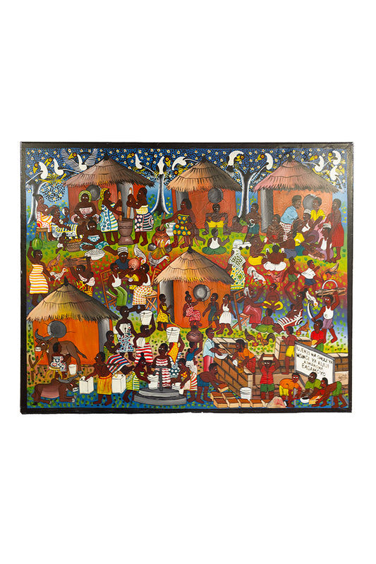 Groot vintage schilderij uit Tanzania ‘Opbouw van een basisschool’