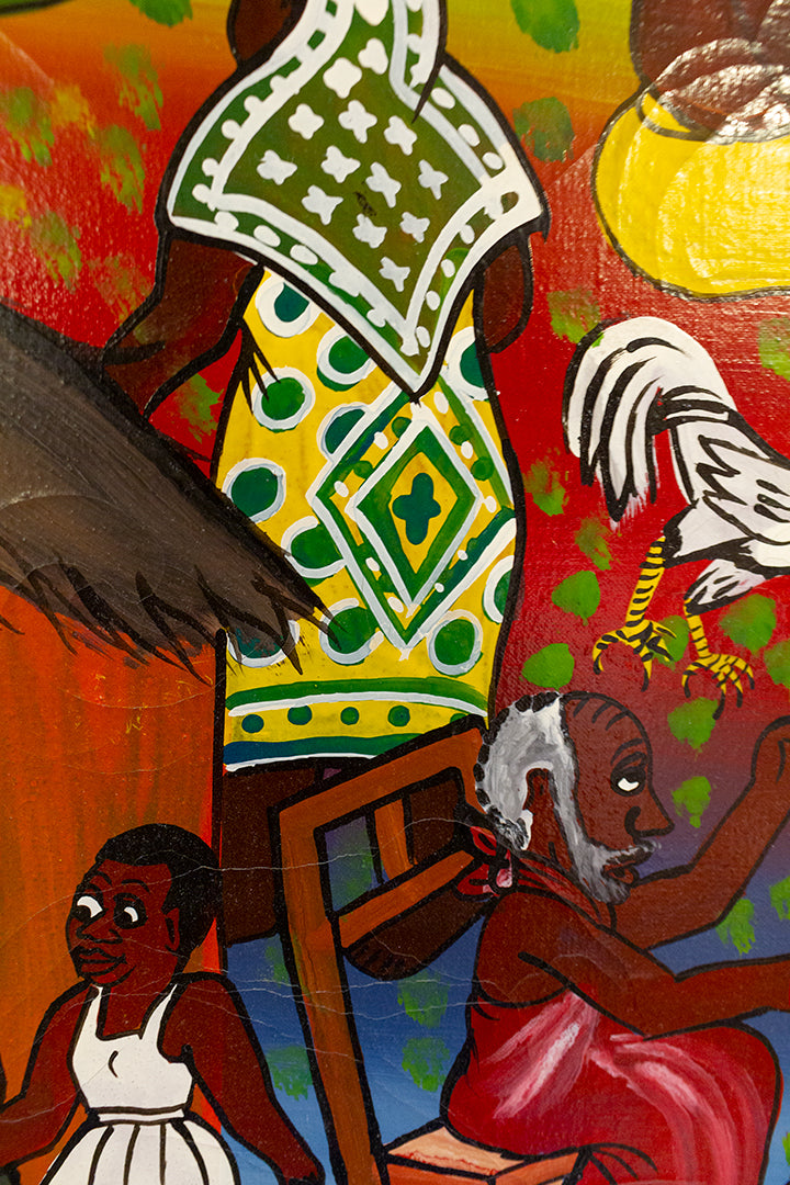 Groot vintage schilderij uit Tanzania ‘Opbouw van een basisschool’