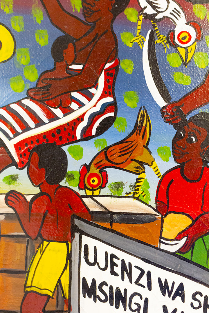 Groot vintage schilderij uit Tanzania ‘Opbouw van een basisschool’