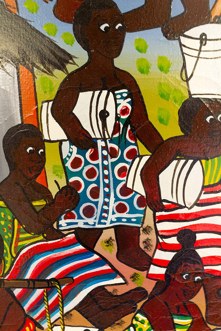 Groot vintage schilderij uit Tanzania ‘Opbouw van een basisschool’