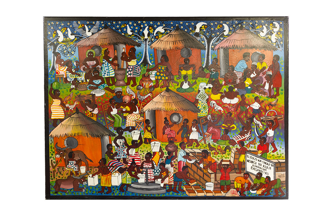 Groot vintage schilderij uit Tanzania ‘Opbouw van een basisschool’