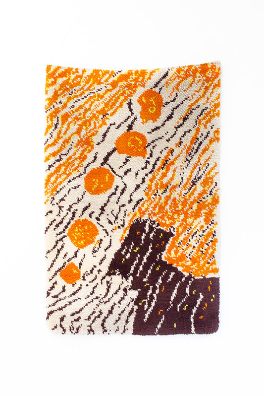 Groot vintage wandkleed seventies oranje beige bruin met gele details