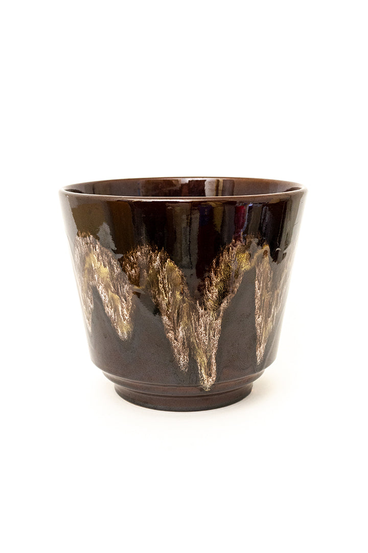Grote vintage bloempot donkerbruin met zigzag
