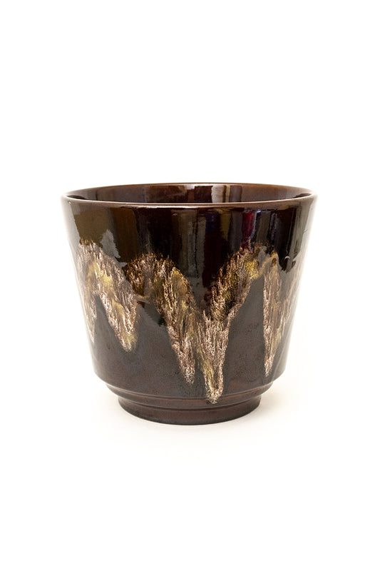 Grote vintage bloempot donkerbruin met zigzag