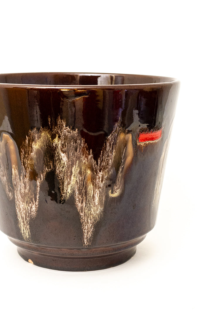 Grote vintage bloempot donkerbruin met zigzag