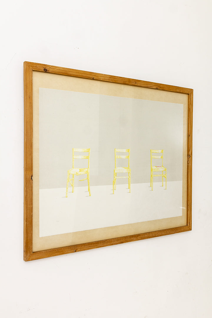 Grote vintage litho drie gele stoelen 1975 'gereserveerd'