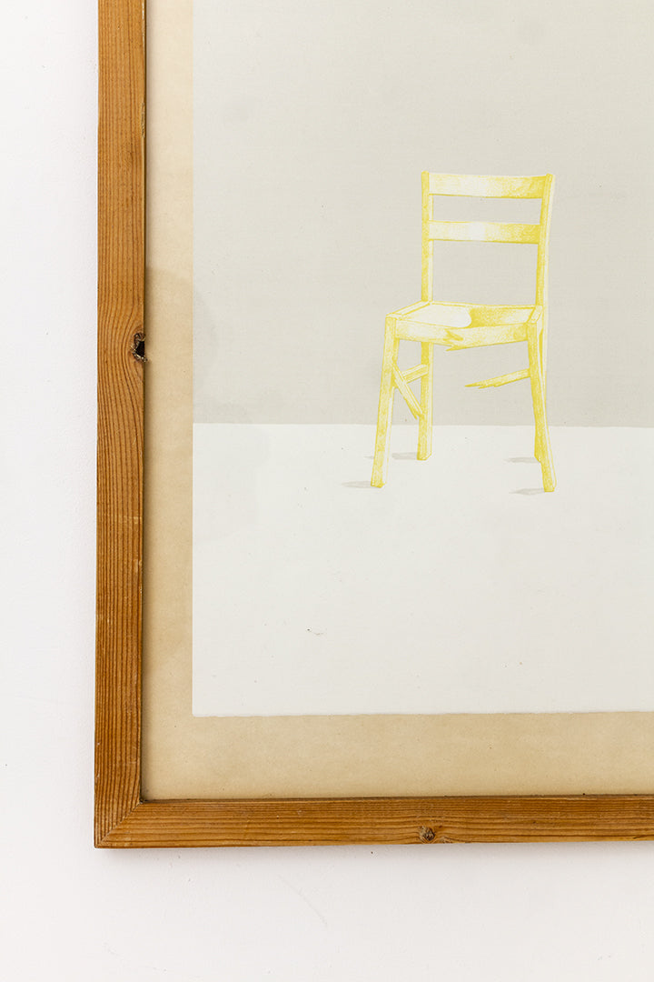 Grote vintage litho drie gele stoelen 1975 'gereserveerd'