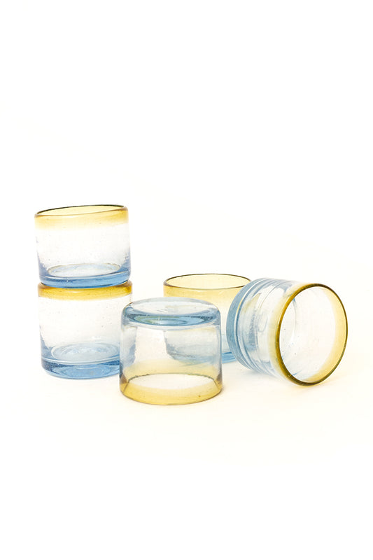 Handgeblazen Mexicaanse drinkglazen met geel/blauw accent - set van 10