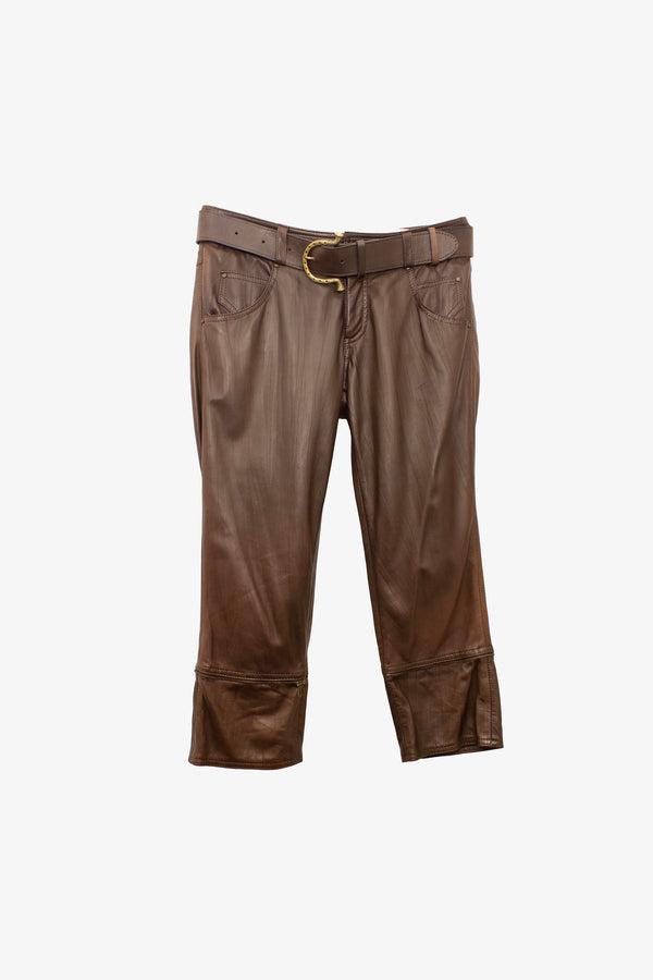 Bruine zacht leren Italiaanse capri broek met riem