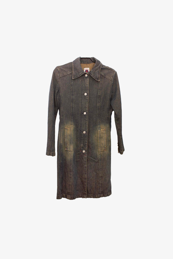 Vintage donkere denim acid wash trenchcoat