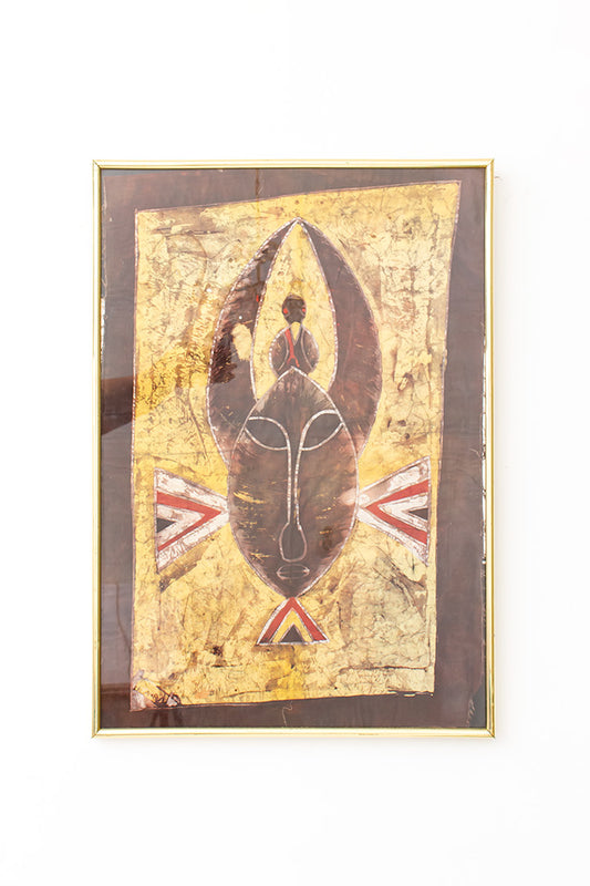Ingelijste Indonesische batik doek bruin met kat en vogel