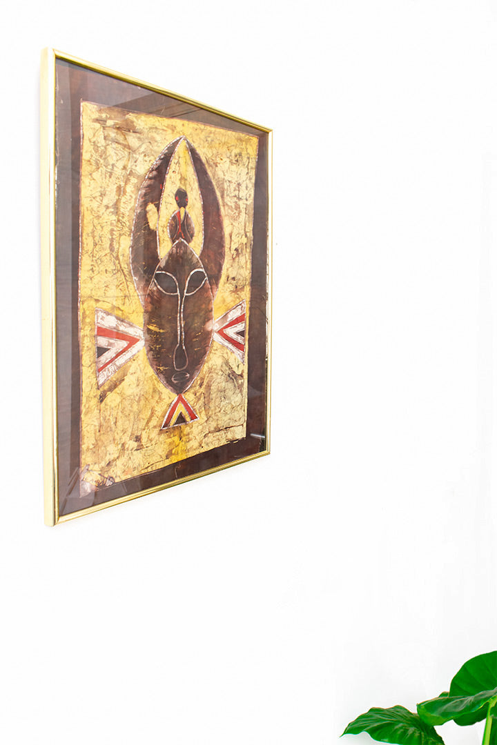 Ingelijste Indonesische batik doek bruin met kat en vogel