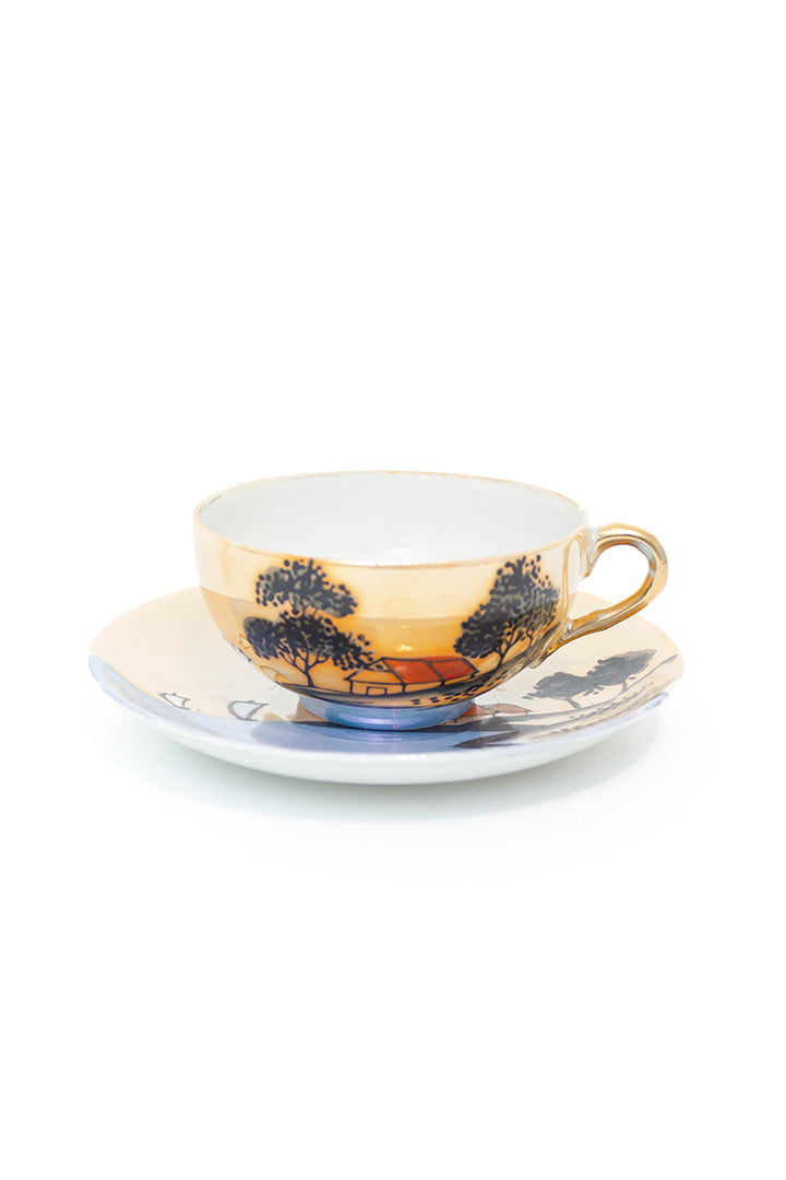 Japans servies kop en schotel 12-delig zalmroze porselein met print jaren 30