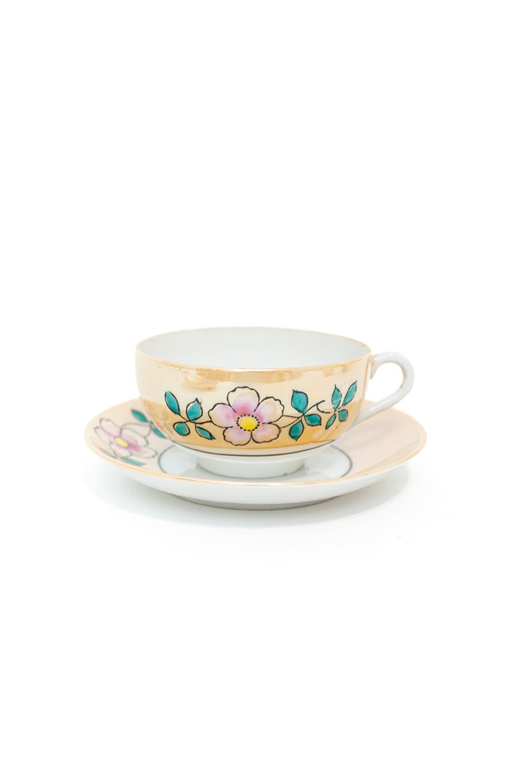Japans servies kop en schotel 12-delig zalmroze porselein met print jaren 30