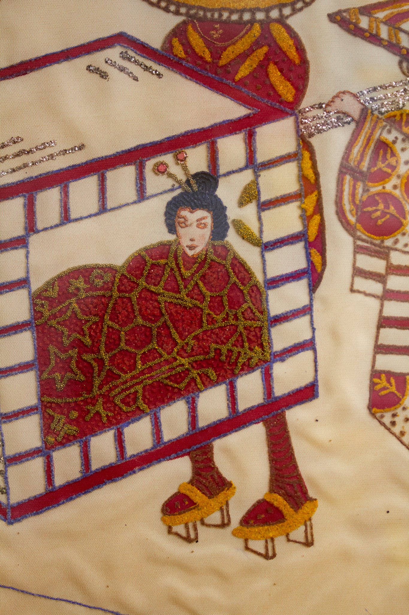 Japans vintage schilderij op stof in rode lijst