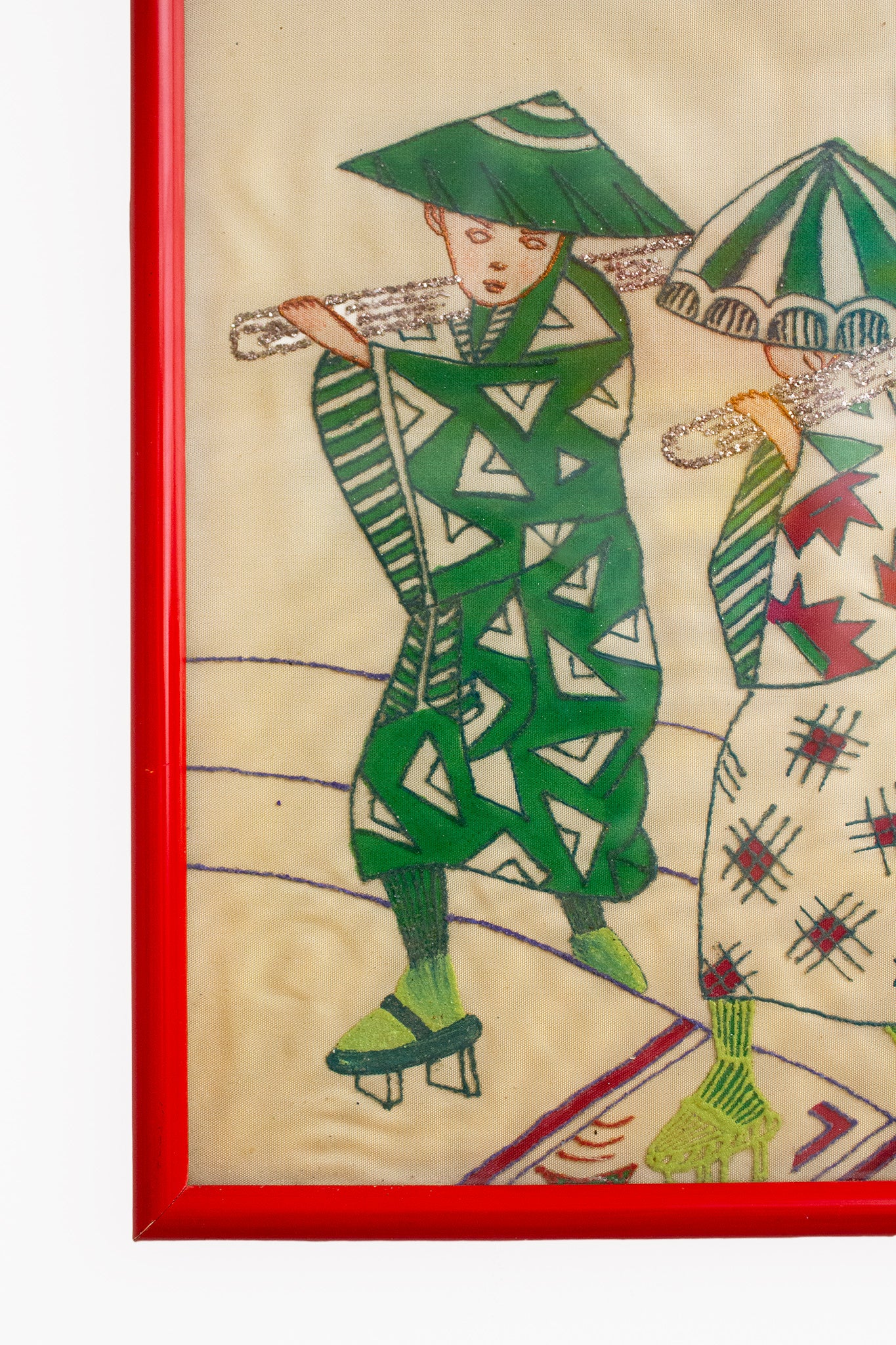 Japans vintage schilderij op stof in rode lijst